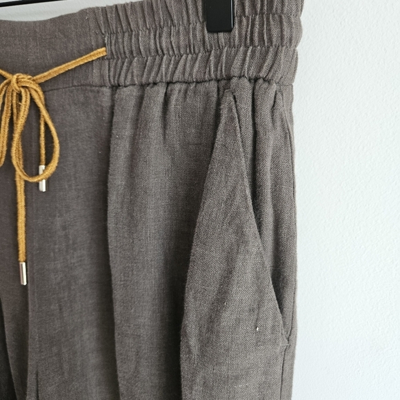 Momoni Neutral Army Green 100% Linen Wide Leg Pull On Pants - Picture 7 of 15